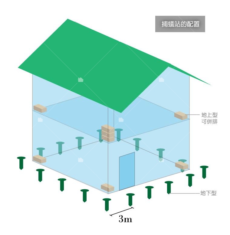 蟻巢滅地上型、地下型餌站安置位置示意圖。